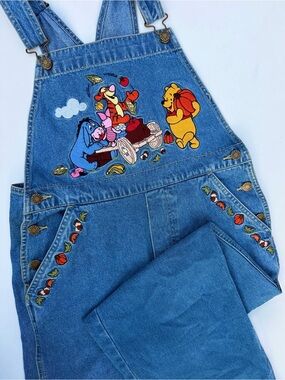 Vintage-Inspired Blue Denim Midi Dress with Winnie the Pooh Embroidery